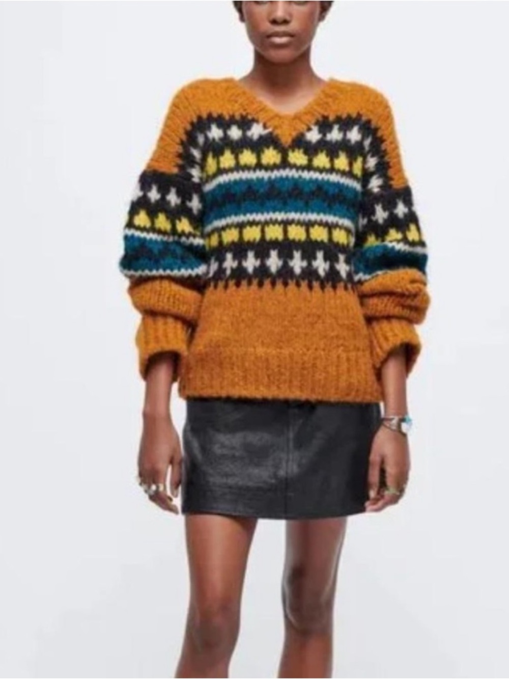Re/Done Fair Isle Chunky 50’s V-Neck Sweater in Tobacco S Alpaca